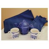 Blue Teapot, Mugs, Place mats, and Napkins Set Blue Teapot, Mugs, Place mats, and Napkins Set