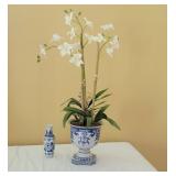 Blue and White Planter with Faux Orchid and Vase Blue and White Planter with Faux Orchid and Vase