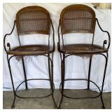 Pair of Antique Cane & Wrought Iron Bar Stools- Pair of Antique Cane & Wrought Iron Bar Stools-