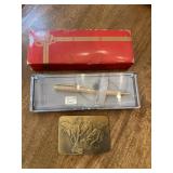 Vtg Brass Belt Buckle & Spotted Oak Pen Vtg Brass Belt Buckle & Spotted Oak Pen