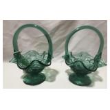 2 Fenton Baskets Teal Glass Ruffled Edge, 2 Fenton Baskets Teal Glass Ruffled Edge,