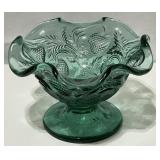 2 Fenton Compotes Teal Glass Ruffled Edge, Cont., 2 Fenton Compotes Teal Glass Ruffled Edge, Cont.,