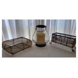 Wicker Baskets and Glass Lantern Wicker Baskets and Glass Lantern