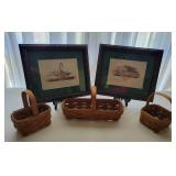 Two Framed Prints and Three Longaberger Baskets Two Framed Prints and Three Longaberger Baskets