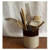 Roseville Crock W/Cooking Utensils-Crock is 7.75". Roseville Crock W/Cooking Utensils-Crock is 7.75".