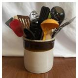 Antique Crock W/Cooking Utensils-Crock is 7.25". Antique Crock W/Cooking Utensils-Crock is 7.25".