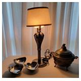 Metal Lamp, Covered Dish, and Bowls Metal Lamp, Covered Dish, and Bowls