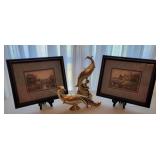 Framed Artwork and Gold-Tone Peacock Figurines Framed Artwork and Gold-Tone Peacock Figurines