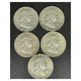 (5) Franklin Half Dollars-90% Silver (5) Franklin Half Dollars-90% Silver