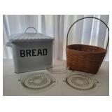 Enamel Bread Box, Basket, Plates Enamel Bread Box, Basket, Plates