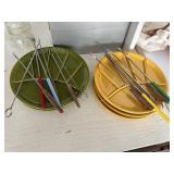 Vtg. Yellow & Green Fodue Plates and Forks
