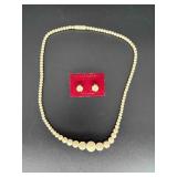 Vtg. Carved Bead Necklace & Clip On Earrings