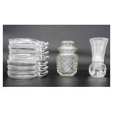 Vtg. Fostoria Coasters, Flower Vase, Glass Jar