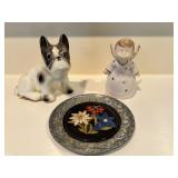 Dog Fugurine, Angle and Pewter Plate