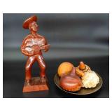 Vtg. Wood Figurine & Bowl w/ Gourds