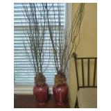 2 Red Vases with Faux Plants