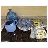 Blue Vase, Pitcher w/ Vtg. Spode Blue Room Plate