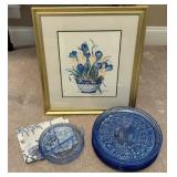Vtg. Blue Glass Dish/Plates & Artwork by B. Mock
