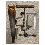 Antique Tools-Handsaw, Brace, Flashlight, Cont.