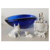 Ceramic Figurines and Blue Glass Bowl