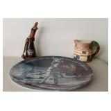 Decorative Plate, Ceramic Pitcher, and Glass Bottl