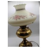 Vintage Brass Oil Lamp with Floral Glass Shade