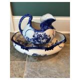 Blue and White Ceramic Pitcher and Basin Set, Made