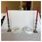 White Dishes & Brass Candlestick Holders