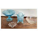 Blue and Clear Pressed Glassware with Floral and D