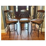 Three Metal & Wood Bar Stools with Cushioned Seats