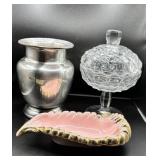 Restoration Hardware Vase, Pressed Glass Dish, and