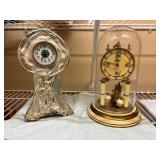Two Decorative Clocks, Cast Metal and Glass Dome