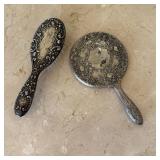 Ornate Silver-Plated Hand Mirror and Brush Set