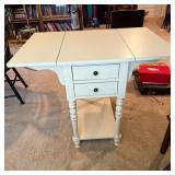 White Drop-Leaf Table with Turned Legs and Drawers