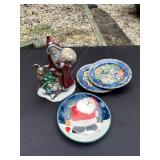 Vtg Santa Figurine and Assorted Plates
