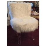 White Fuzzy Vanity Chair, Clear Legs