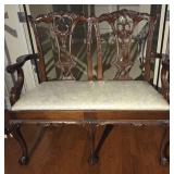 Antique Wooden Bench With Upholstered Seat