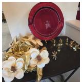 Red Plate with Brass and Floral Rings
