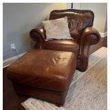 Vtg Brown Leather Armchair & Ottoman