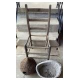 Antiq. Wooden Side Chair & Moss Covered Bird House