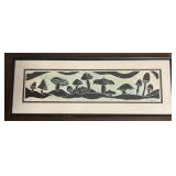 Linocut Print Featuring Stylized Mushrooms &