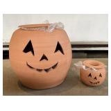 2 Terra Cotta Jack-O-Lantern Planters With Hats