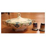 Vtg Covered Dish with S&P Shakers