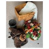Decorative Baskets, Quilt, and Pinecones Lot