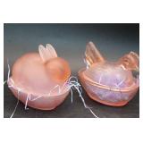 Pink Frosted Glass Rabbit and Hen Dishes