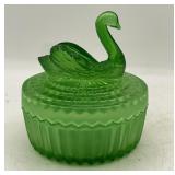 VTG Jeanette Glass Swan Powder Jar-Emerald Green