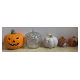 Jack o Lantern, 2 Glass Pumpkins, Candle, &