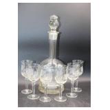 Etched Glass Decanter With Six Glasses