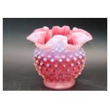 Pink Hobnail Glass Vase with Ruffled Rim