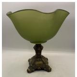 Hollywood Regency Satin Glass Metal Base Compote